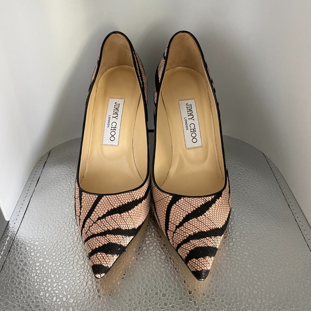Jimmy Choo Agnes Light Pink Suede & Black Lace Covered Heels Size 36.5 - Picture 4 of 7